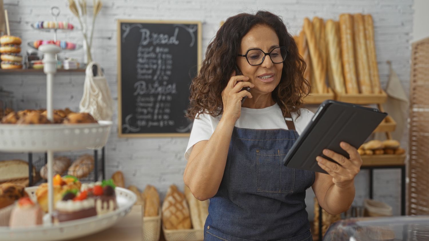 woman updating google business profile on her tablet in her bakery